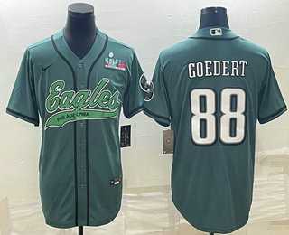 Mens Philadelphia Eagles #88 Dallas Goedert Green With Super Bowl LVII Patch Cool Base Stitched Baseball Jersey